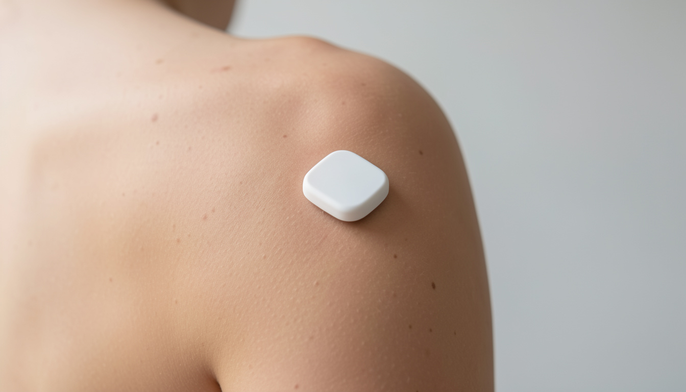 A continuous glucose monitor sensor applied to the back of an upper arm, matte product photography, no branding visible