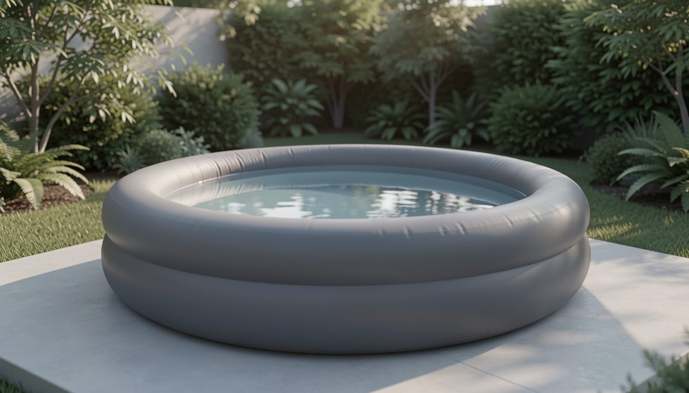 An inflatable cold plunge tub outdoors in a garden setting, soft morning light, calm water surface, no people