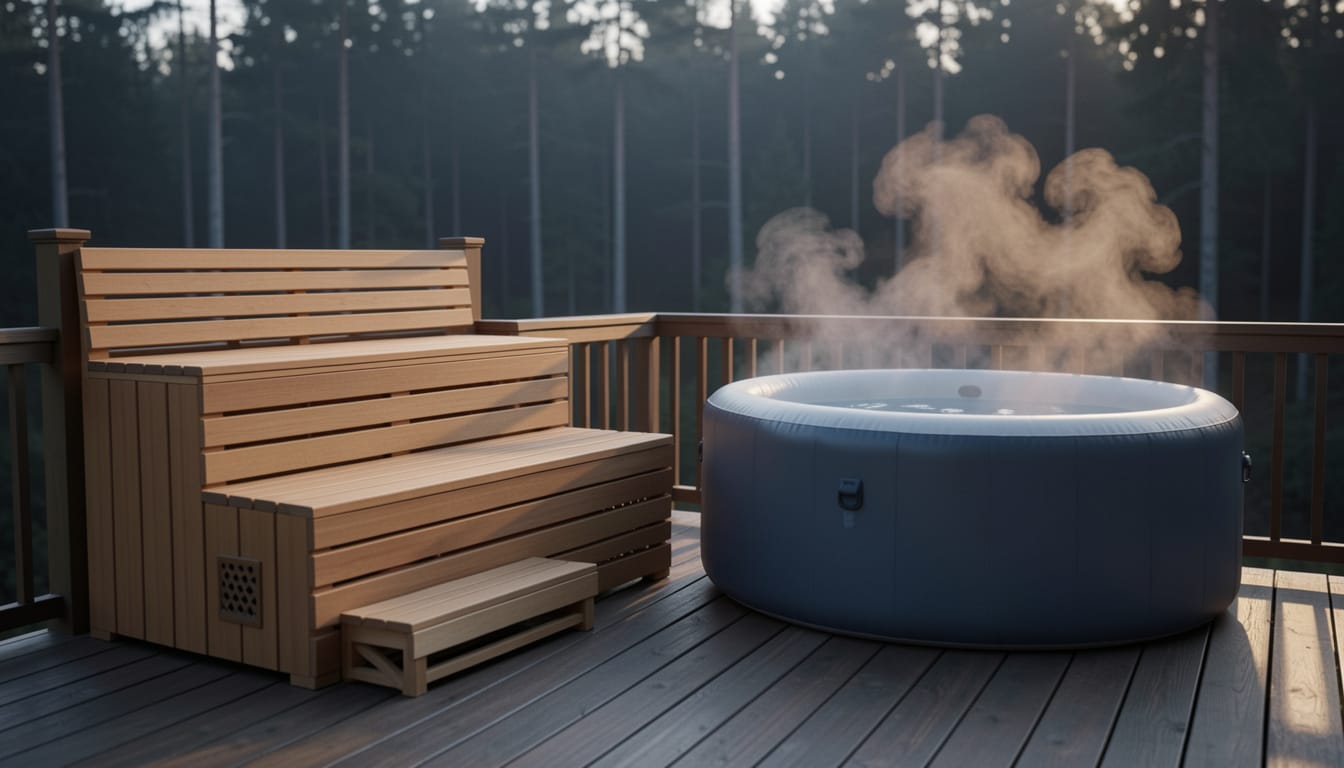 A sauna bench and an inflatable cold plunge tub side by side on a wooden deck, steam visible, dawn light, no people