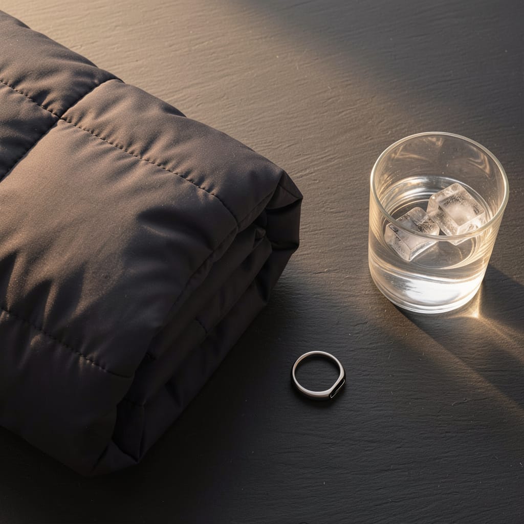 A flat lay of sleep and recovery items on a dark slate surface — a smart ring, a folded cooling comforter, and a glass of water — morning light, no brand labels, no logos
