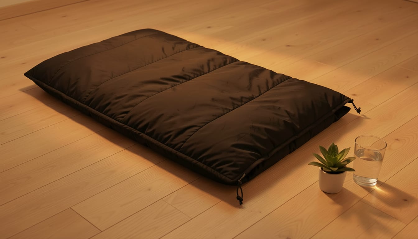 A rolled infrared sauna blanket on a wooden floor beside a plant and a glass of water, warm ambient light, no brand labels