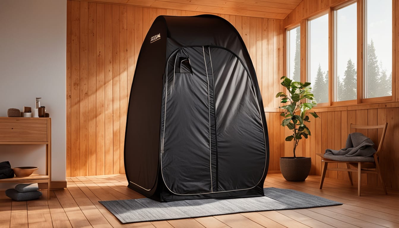 A dark portable sauna tent set up on a wooden floor in a home gym, soft warm ambient light, no people, no logos